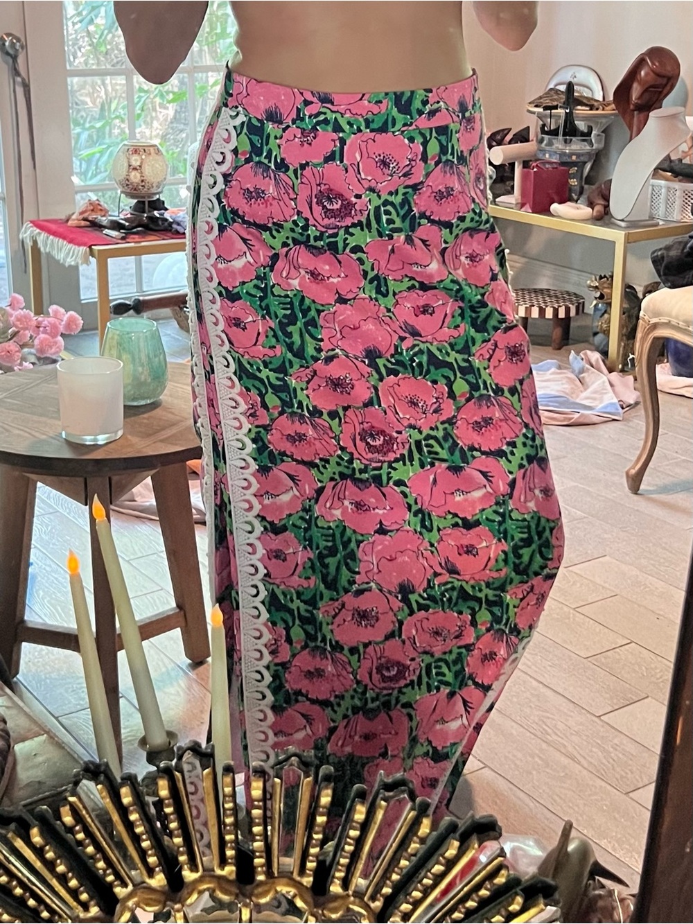 Lilly Pulitzer Pink Floral Maxi Skirt with Lace Trim